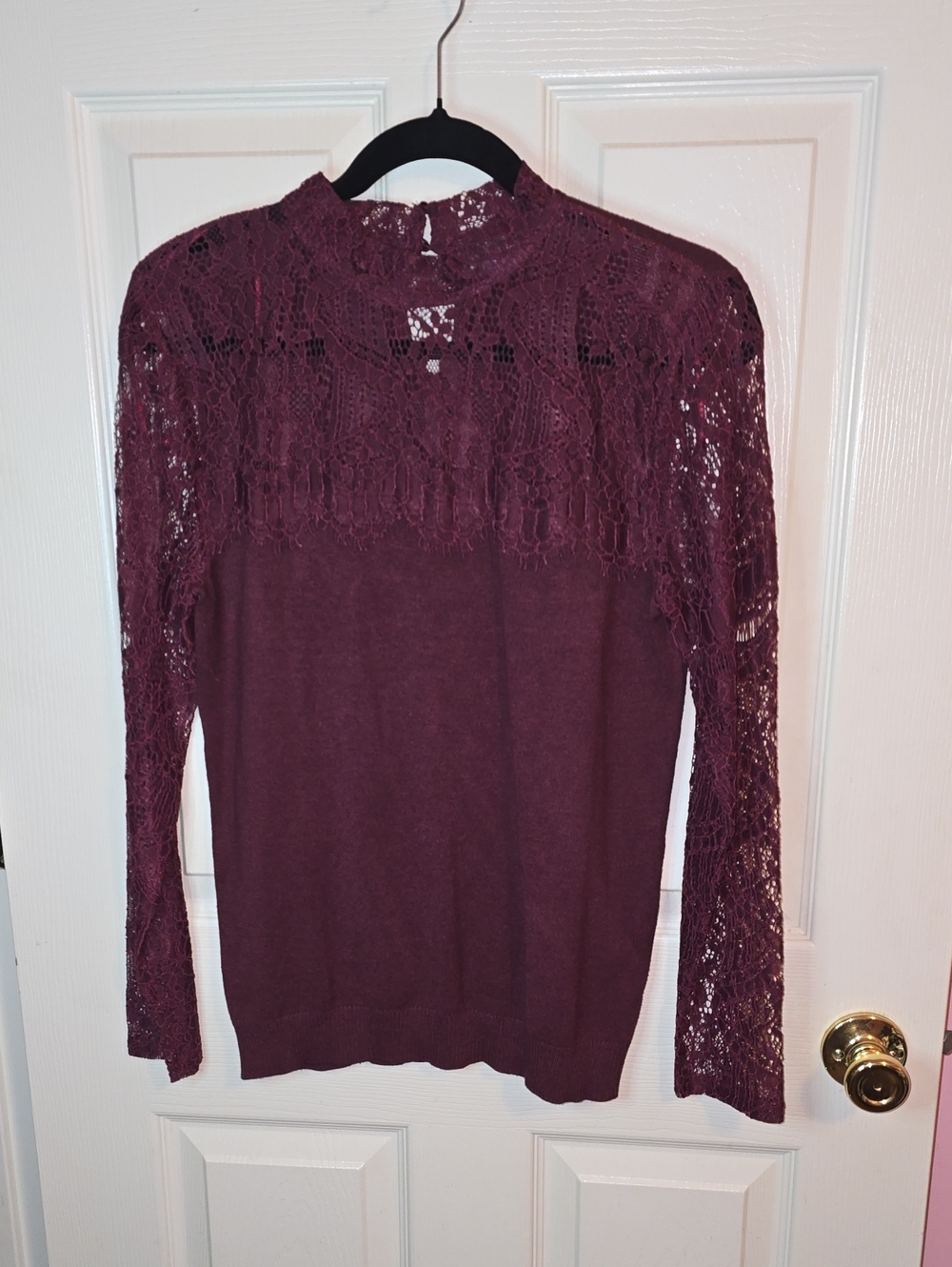 Joseph A Wine Lace Yoke Long Sleeve Sweater